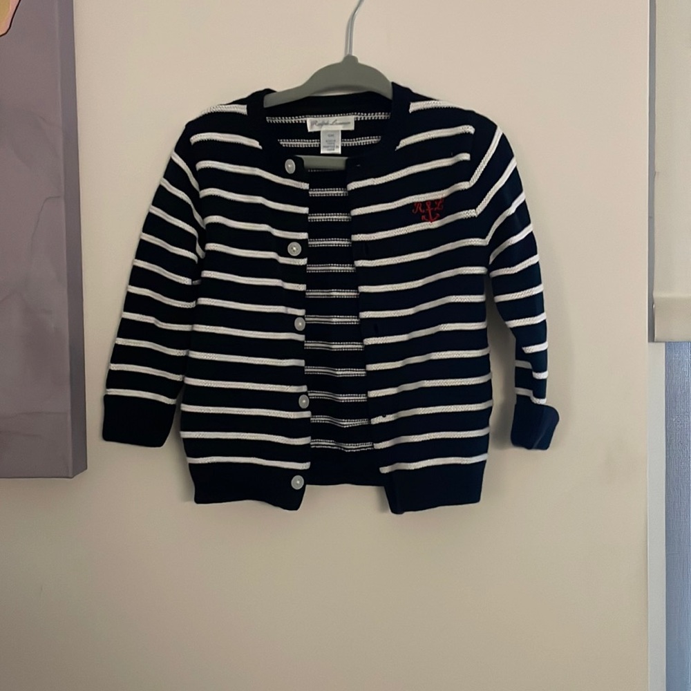 Ralph Lauren Dark Blue with White Stripes Button Sweater.
